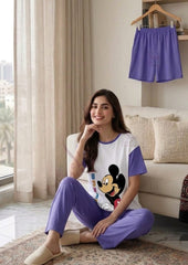 Women's Cartoon Print 3-Piece Night Suit Set – Purple Cotton Sleepwear