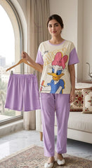 Women's Lavender Cartoon Print 3-Piece Night Suit Set – Soft Cotton Sleepwear